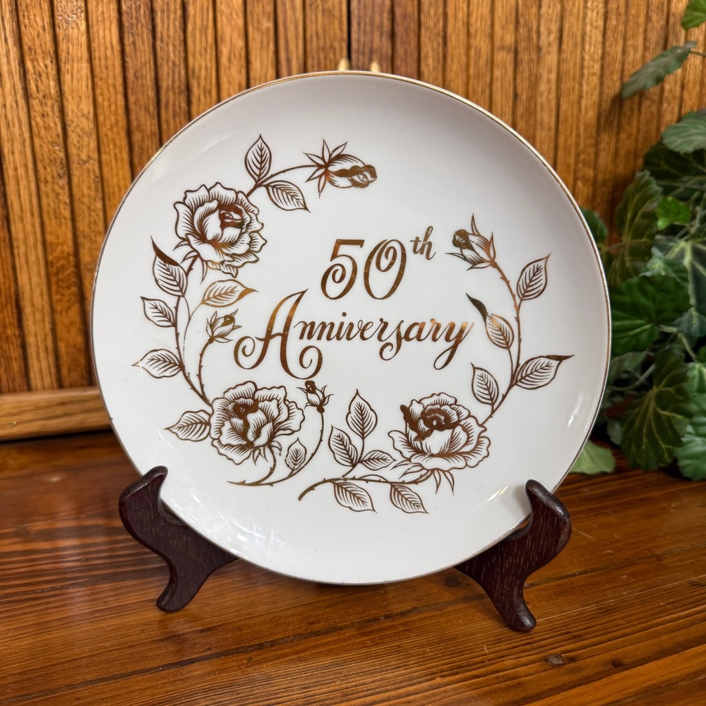 New Trends 50th Anniversary Plate 7.5in White Excellent Gold Rose Japan